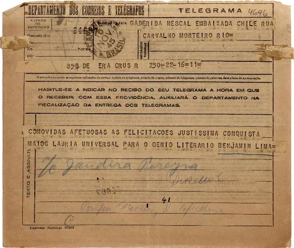 [Telegrama] 1945 nov. 16, Copacabana [a] Gabriela Mistral, Río de Janeiro  [manuscrito] Benjamín Lima.