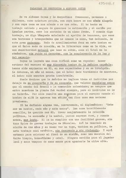 Palabras de despedida a Alfonso Reyes  [manuscrito] Gabriela Mistral.