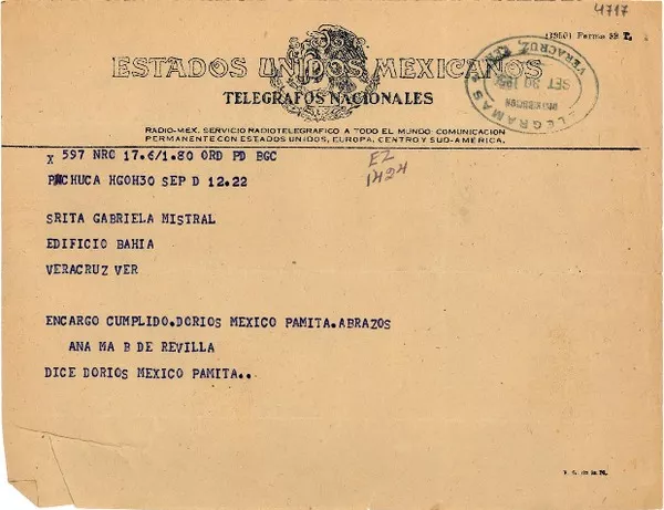 [Telegrama] 1950 sept. 30, Pachuca [a] Gabriela Mistral, Veracruz  [manuscrito] Ana Ma. B. de Revilla.