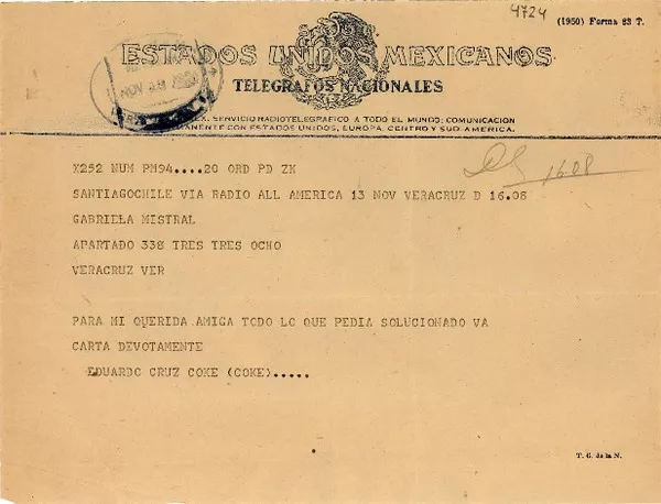 [Telegrama] 1950 nov. 13, Santiago, Chile [a] Gabriela Mistral, Veracruz, [México]  [manuscrito] Eduardo Cruz Coke.