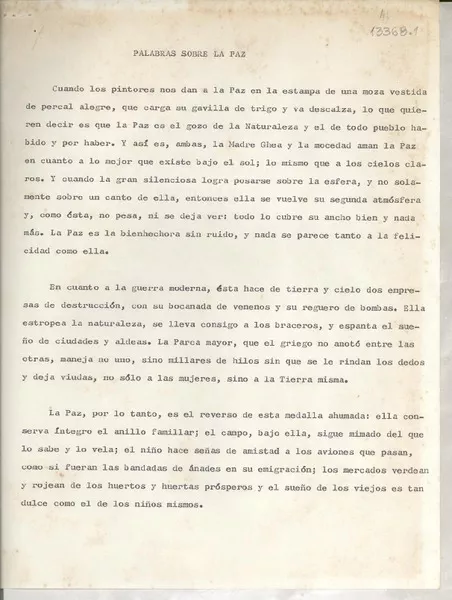 Palabras sobre la paz  [manuscrito] Gabriela Mistral.