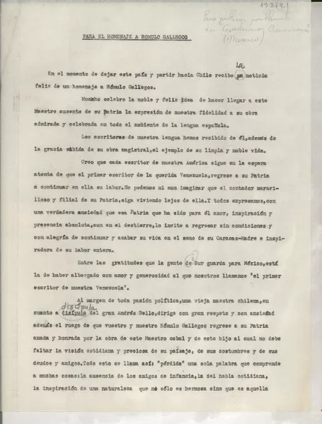 Para el homenaje a Rómulo Gallegos  [manuscrito] Gabriela Mistral.