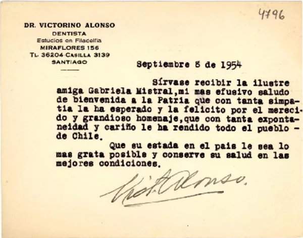[Tarjeta] 1954 sept. 8, Santiago [a] Gabriela Mistral  [manuscrito] Dr. Victorino Alonso.