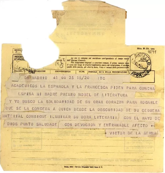 [Telegrama] 1951, Madrid, [España] [a] Gabriela Mistral, Rapallo, Italia  [manuscrito] Victor de la Serna.