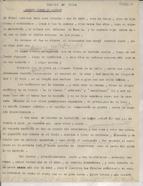 Plantas de Chile : Recado sobre el Alerce [manuscrito] [Gabriela Mistral].