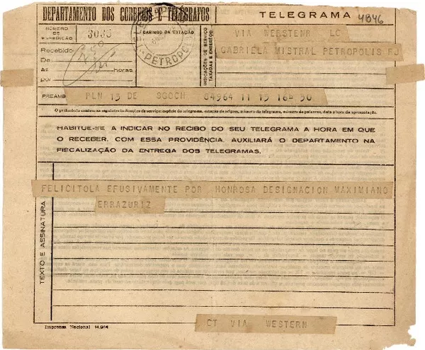 [Telegrama] 1945 nov. 16, Santiago, Chile [a] Gabriela Mistral, Petrópolis, [Brasil]  [manuscrito] Maximiano Errázuriz.