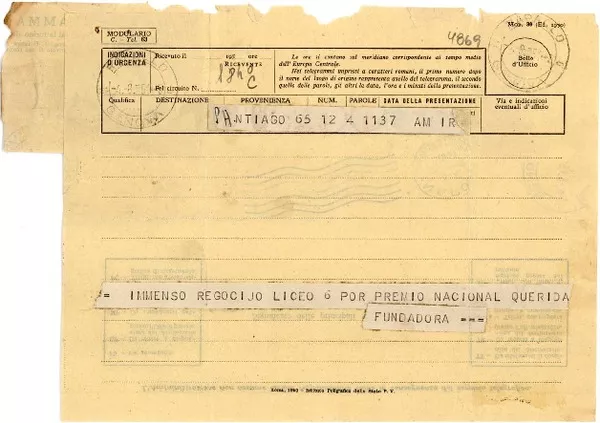 [Telegrama] 1951 ago. 4, Santiago [a] Gabriela Mistral, Nápoles  [manuscrito] Liceo No. 6 de Niñas.