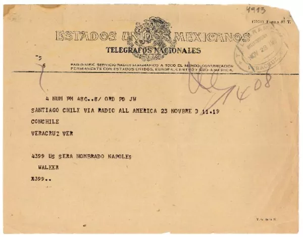 [Telegrama] 1950 nov. 23, Santiago, Chile [a] Gabriela Mistral, Veracruz  [manuscrito] Walker.