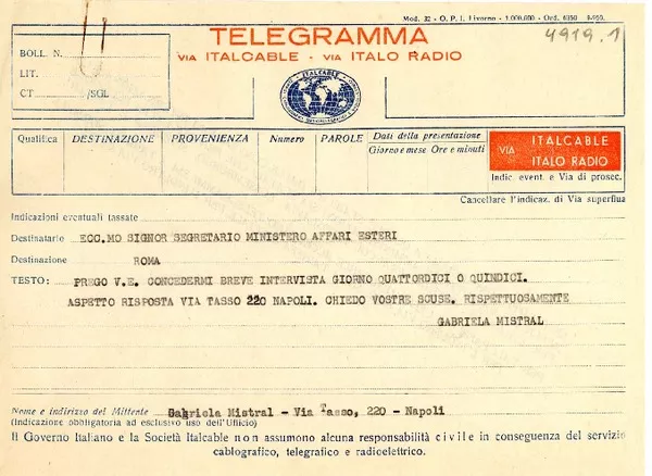 [Telegrama] [1952], Nápoles [a] Secretario Ministerio del Estero, Roma  [manuscrito] Gabriela Mistral.