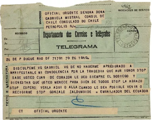 [Telegrama] 1943 ago. 26, Río de Janeiro [a] Gabriela Mistral, Petrópolis  [manuscrito] Gonzalo Zaldumbide.