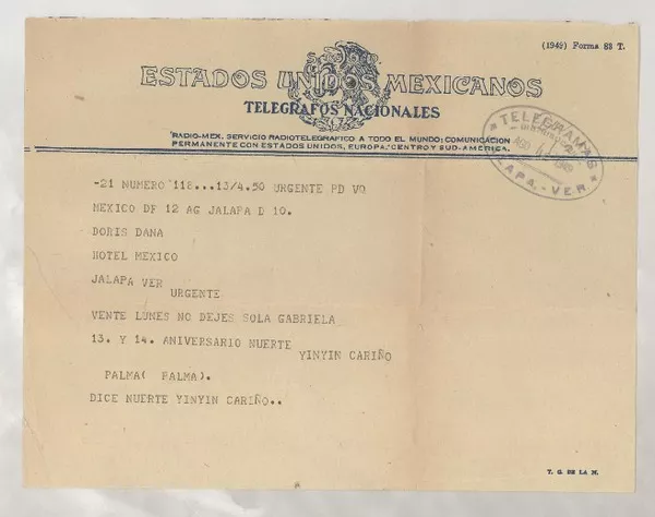 [Telegrama] 1949 ago. 12, México D. F. [a] Doris Dana, Jalapa, Veracruz  [manuscrito] Palma Guillén.