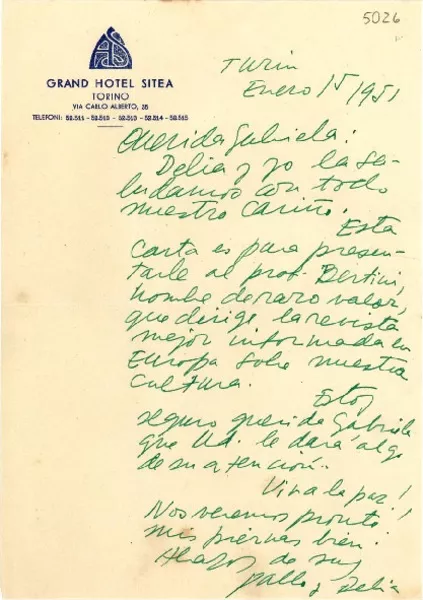 [Carta] 1951 ene. 15, Turin, [Italia] [a] Gabriela Mistral  [manuscrito] Pablo y Delia.