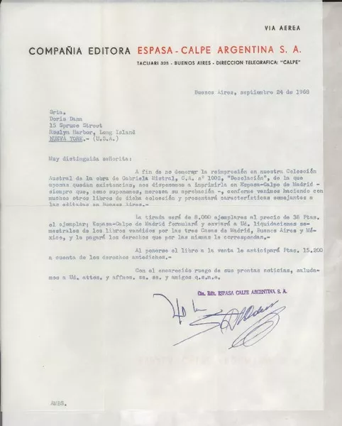 [Carta] 1968 sept. 24, Buenos Aires, Argentina [a] Doris Dana, New York, Estados Unidos  [manuscrito] Compañía Editora Espasa-Calpe Argentina S. A.