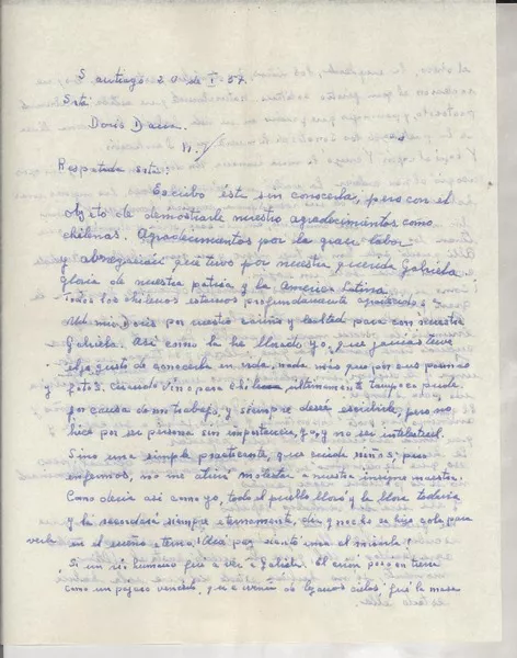 [Carta] 1957 ene. 20, Santiago [a] Doris Dana, New York, Estados Unidos  [manuscrito] M. Lucy Triviño B.