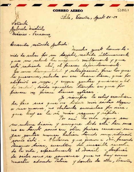 [Carta] 1950 abr. 24, Vicuña, Chile [a] Gabriela Mistral, Veracruz, México  [manuscrito] Isolina Barraza de Estay.