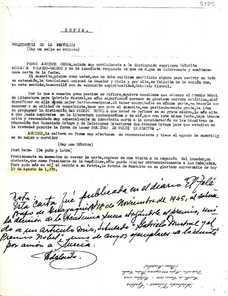 [Carta] [1945?], [Ecuador] [a] [Gabriela Mistral]  [manuscrito] Adelaida Velazco Galdós.