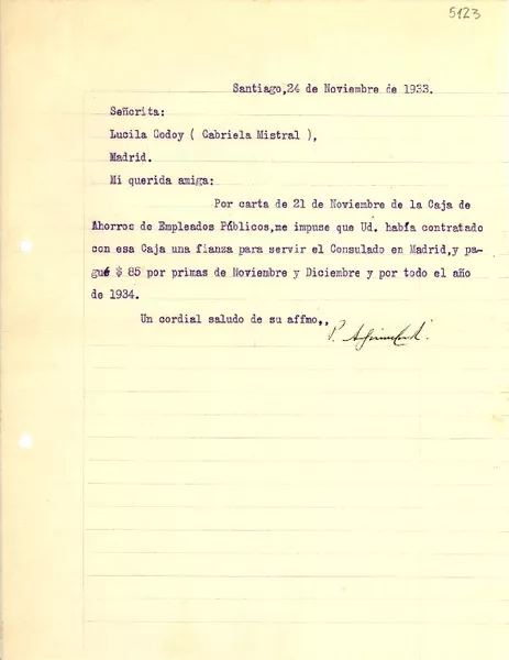 [Carta] 1933 nov. 24, Santiago [a] Lucila Godoy, Madrid  [manuscrito] Pedro Aguirre Cerda.
