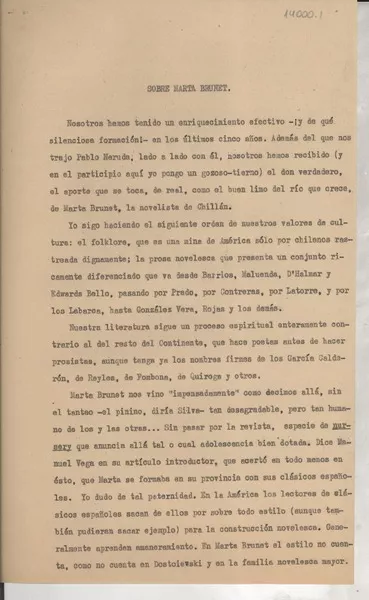 Sobre Marta Brunet  [manuscrito] Gabriela Mistral.