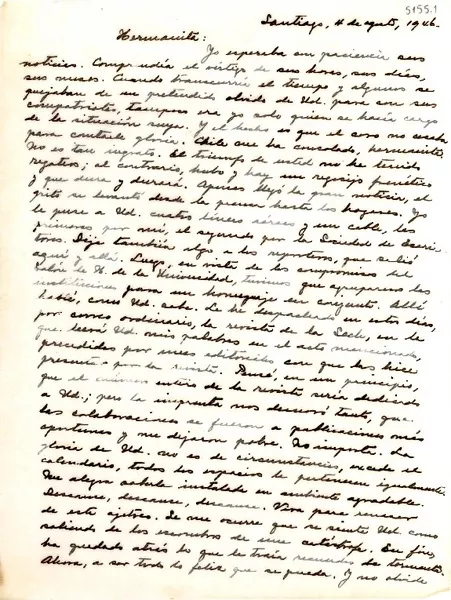 [Carta] 1946 ago. 4, Santiago, [Chile] [a] [Gabriela Mistral]  [manuscrito] [Eduardo] Barrios.