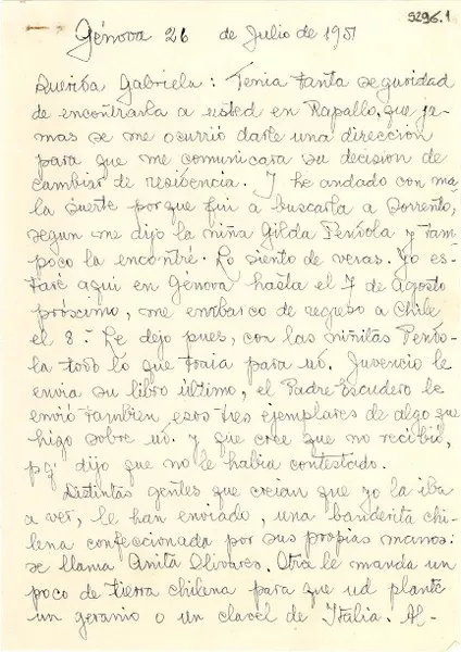 [Carta] 1951 jul. 26, Génova [a] Gabriela Mistral  [manuscrito] Olga Acevedo.