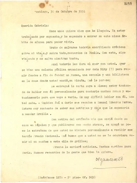 [Carta] 1951 oct. 30, Santiago [a] Gabriela Mistral  [manuscrito] Olga Acevedo.