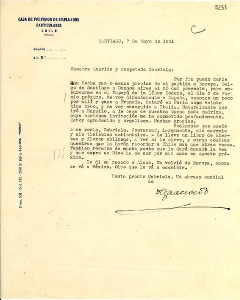 [Carta] 1951 mayo 7, Santiago, Chile [a] Gabriela Mistral  [manuscrito] Olga Acevedo.