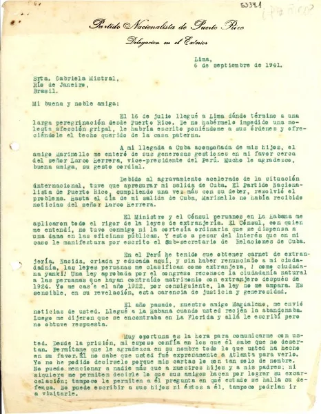 [Carta] 1941 sept. 6, Lima, Perú [a] Gabriela Mistral, Rio de Janeiro, Brasil  [manuscrito] Laura de Albizu Campos.
