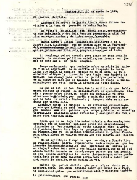 [Carta] 1949 ene. 10, Yonkers, [New York] [a] Gabriela Mistral  [manuscrito] Ciro Alegría.