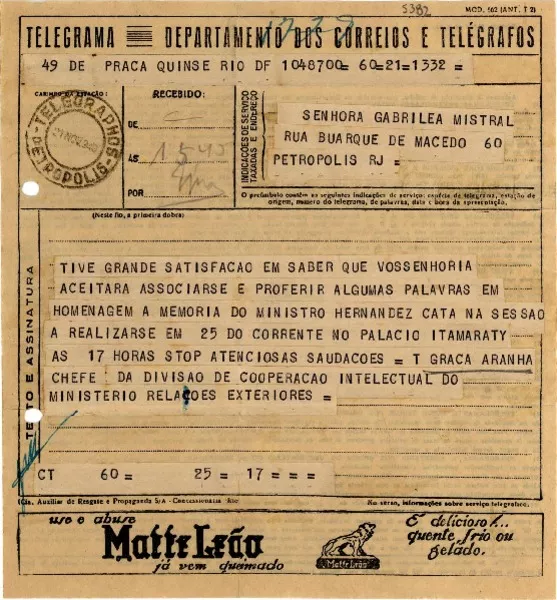 [Telegrama] 1940 nov. 21, Rio DF, [Brasil] [a] Gabriela Mistral, Petrópolis, RJ, [Brasil]  [manuscrito] Graca Aranha.