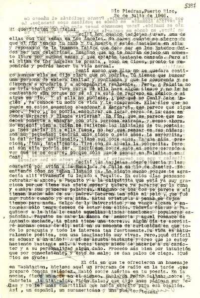 [Carta] 1946 jul. 20, Río Piedras, Puerto Rico [a] Gabriela Mistral  [manuscrito] Margot Arce de Vázquez.