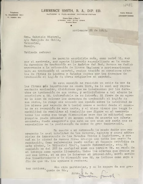 [Carta] 1945 nov. 28, Buenos Aires, [Argentina] [a] Gabriela Mistral, Embajada de Chile, Estocolmo, Suecia  [manuscrito] Lawrence Smith.