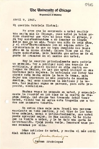 [Carta] 1943 abr. 9, [Chicago] [a] Gabriela Mistral  [manuscrito] Germán Arciniegas.