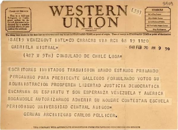 [Telegrama] 1948 feb. 20, Caracas, Venezuela [a] Gabriela Mistral, Los Ángeles  [manuscrito] Germán Arciniegas y Carlos Pellicer.