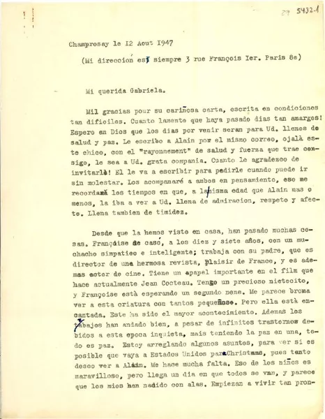 [Carta] 1947 août 12, Champrosay, [Francia] [a] Gabriela [Mistral]  [manuscrito] Marcelle Auclair.