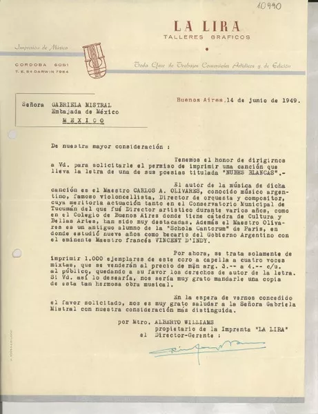 [Carta] 1949 jun. 14, Buenos Aires, [Argentina] [a] Gabriela Mistral, Embajada de México, México  [manuscrito] Alberto Williams.