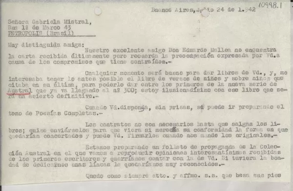 [Carta] 1942 jul. 24, Buenos Aires, [Argentina] [a] Gabriela Mistral, Petrópolis, Brasil  [manuscrito] [Manuel Olarra Garmendia].