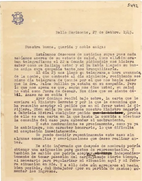 [Carta] 1943 sept. 27, Bello Horizonte [a] [Gabriela Mistral]  [manuscrito] Alfredo Bastos.