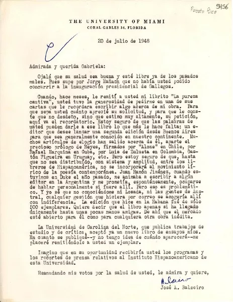 [Carta] 1948 jul. 20, Miami, Florida [a] Gabriela Mistral  [manuscrito] José A. Balseiro.
