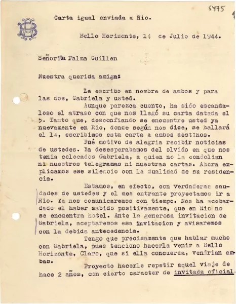 [Carta] 1944 jul. 14, Bello Horizonte [a] Palma Guillén  [manuscrito] Alfredo Bastos.