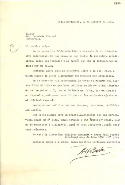 [Carta] 1944 oct. 17, Bello Horizonte [a] Gabriela Mistral, Petrópolis  [manuscrito] Alfredo Bastos.