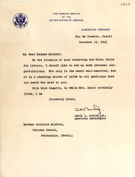[Carta] 1945 dec. 10, Rio de Janeiro, Brazil [a] Gabriela Mistral, Petropolis, Brazil  [manuscrito] Adolph A. Berle Jr.
