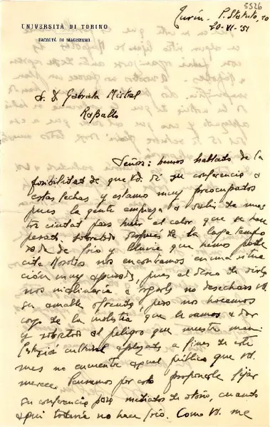 [Carta] 1951 jun. 20, Turín, [Italia] [a] Gabriela Mistral, Rapallo, [Italia]  [manuscrito] [Giovanni María] Bertini.