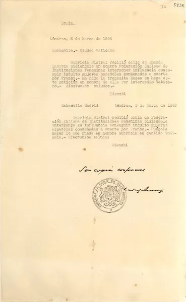 [Carta] 1946 mar. 5, Londres, [Inglaterra] [a] Gabriela Mistral  [manuscrito] [Manuel] Bianchi.