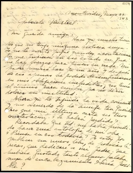[Carta] 1943 mayo 29, Montevideo, [Uruguay] [a] Gabriela Mistral  [manuscrito] Sarah Bollo.