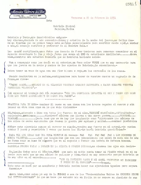 [Carta] 1951 feb. 23, Veracruz [a] Gabriela Mistral, Rapallo, Italia  [manuscrito] Meche.