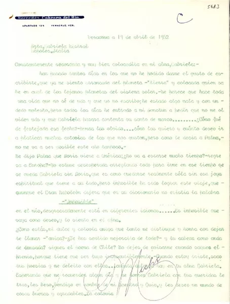 [Carta] 1952 abr. 19, Veracruz, [México] [a] Gabriela Mistral  [manuscrito] Mercedes Cabrera del Río.