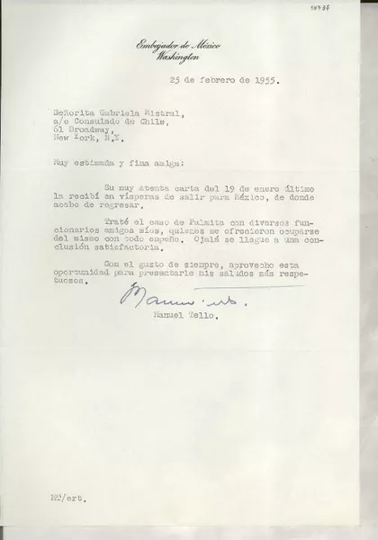 [Carta] 1955 feb. 25, Washington [a] Gabriela Mistral, New York  [manuscrito] Manuel Tello.