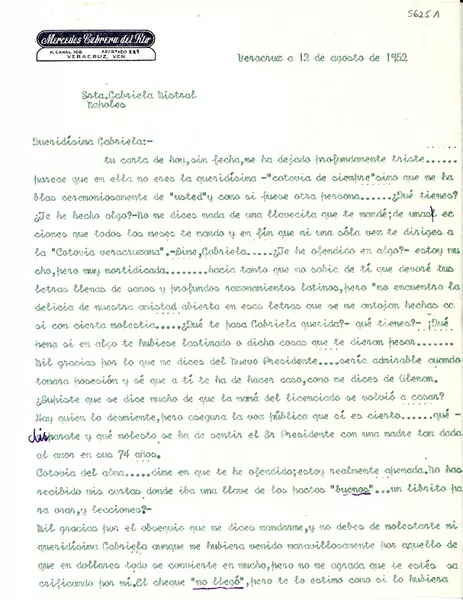 [Carta] 1952 ago. 12, Veracruz, [México] [a] Gabriela Mistral, Nápoles, [Italia]  [manuscrito] [Mercedes Cabrera del Río].