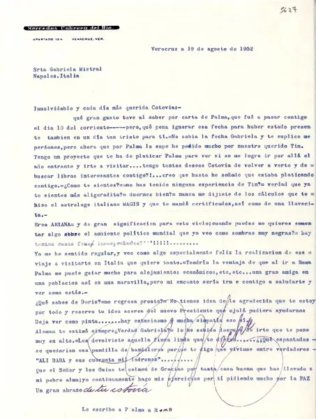 [Carta] 1952 ago. 19, Veracruz, [México] [a] Gabriela Mistral, Nápoles, [Italia]  [manuscrito] [Mercedes Cabrera del Río].