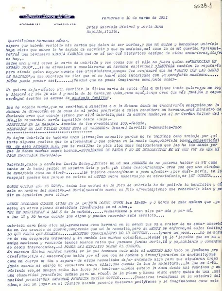 [Carta] 1951 mar. 10, Veracruz [a] Gabriela Mistral y Doris Dana, Rapallo, Italia  [manuscrito] Meche.